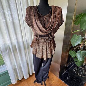 Vintage 1980s jumpsuit, gold metallic overlay top, oversized shoulder pads